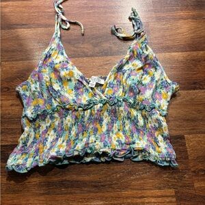 Othr Floral Smocked Tie-Shoulder Crop Top - Blue, Purple, Yellow, Cream